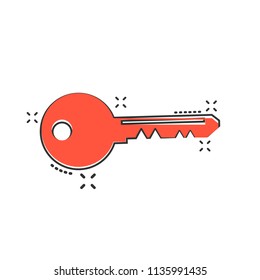 Vector cartoon key icon in comic style. Unlock sign illustration pictogram. Private secure key business splash effect concept.