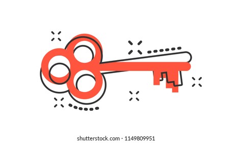 Vector cartoon key icon in comic style. Secret keyword sign illustration pictogram. Key business splash effect concept.