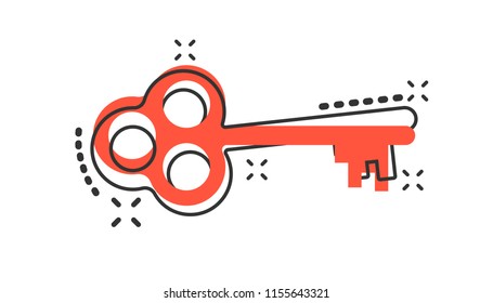Vector cartoon key icon in comic style. Secret keyword sign illustration pictogram. Key business splash effect concept.