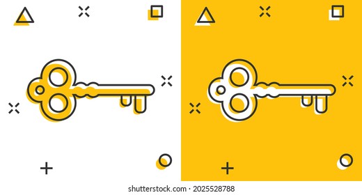 Vector cartoon key icon in comic style. Secret keyword sign illustration pictogram. Key business splash effect concept.