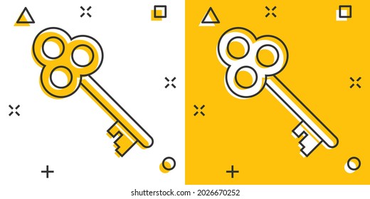 Vector cartoon key icon in comic style. Secret keyword sign illustration pictogram. Key business splash effect concept.