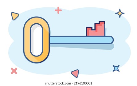 Vector cartoon key icon in comic style. Secret keyword sign illustration pictogram. Key business splash effect concept.