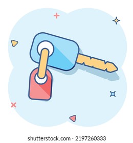 Vector cartoon key icon in comic style. Secret keyword sign illustration pictogram. Key business splash effect concept.