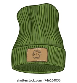 Vector Cartoon Khaki Casual Knitted Cap with Brown Leather Label.