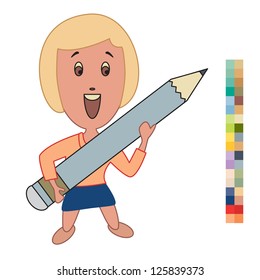 Vector cartoon kid with large pencil and color bars