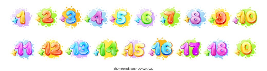 Vector cartoon kids age limit sign set. Children restriction stamps, adhesive stickers movie, game app content. Isolated illustration with from add zero one two three to plus eighteen colored symbols