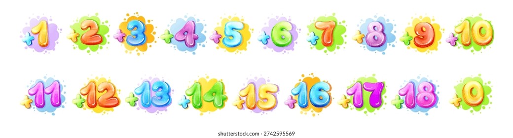 Vector cartoon kids age limit sign set. Children restriction stamps, adhesive stickers movie, game app content. Isolated illustration with from add zero one two three to plus eighteen colored symbols