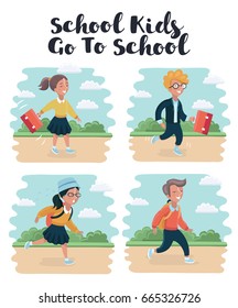Vector cartoon kids with Backpack Rushing to School on nature outdoor landscape
