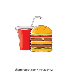 vector cartoon kids burger and red cola paper cup with straw isolated on white background. Vector graphic cartoon design elements for restaurant or cafe advertisement, menu, poster, flyer and banner