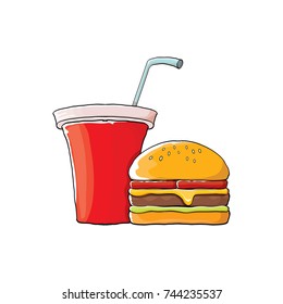 vector cartoon kids burger and red cola paper cup with straw isolated on white background. Vector graphic cartoon design elements for restaurant or cafe advertisement, menu, poster, flyer and banner