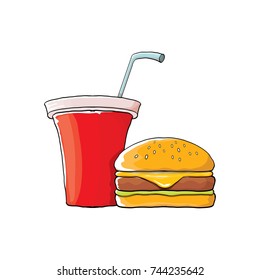 vector cartoon kids burger and red cola paper cup with straw isolated on white background. Vector graphic cartoon design elements for restaurant or cafe advertisement, menu, poster, flyer and banner