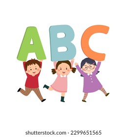 Vektorgrafik-Kinder, die Alphabet-Buchstaben ABC tragen. Zurück zum Schulkonzept