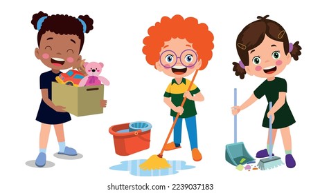 Vector Cartoon kids cleaning at home set Children in various cleaning positions