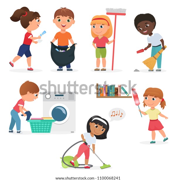 Vector Cartoon kids cleaning at home set.\
Children in various cleaning\
positions.