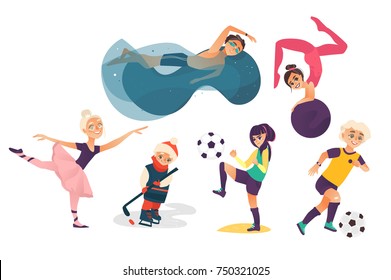 vector cartoon kids doing sports set isolated. Girl playing football, another doing stretching gymnastics exercise with ball, ballerina dancing, boys swimming in pool, playing ice hockey and football.