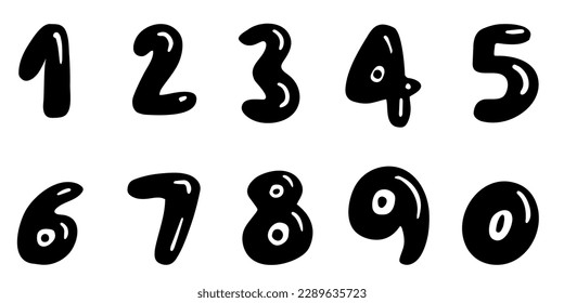 Vector cartoon kids figures. Black number bubble style set from 0 to 9. Collection of voluminous numbers. Set of bright bubble spherical numbering figures. 