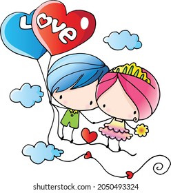 vector cartoon kids hold heart shape balloons