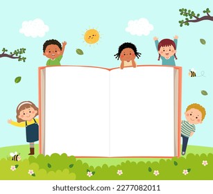 Vector cartoon kids with open book background on the park