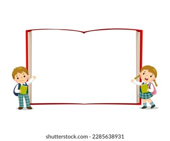 Vector cartoon kids in school uniform with opened book background