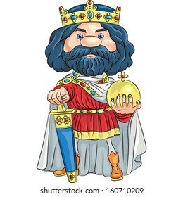Vector Cartoon King Charles the First in the crown, with the sword and Globus cruciger