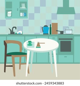 Vector de dibujos animados de un interior de cocina. Vector de una acogedora cocina moderna con electrodomésticos, estufa, hervidor, sillón y mesa. Hay un bastón y una taza de café sobre la mesa