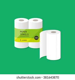 vector cartoon kitchen paper towel / package, wrapping design / flat style, icon template / green on white