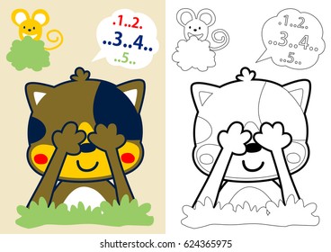 vector cartoon of kitten and mice playing hide and seek, coloring book or page