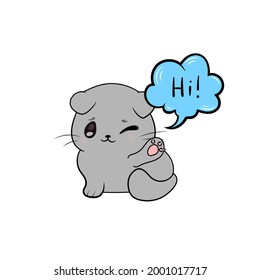 Vector cartoon kitten saying Hi, illustration, comic style and blue talk bubble, cat isolated on white background.