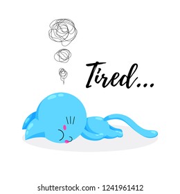 Vector cartoon kitten tired. Funny doodle cat. Template for print, design