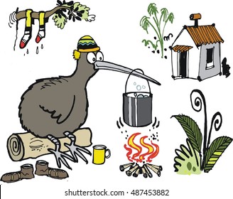 Vector cartoon of kiwi bird sitting on log beside camp fire in New Zealand forest. 