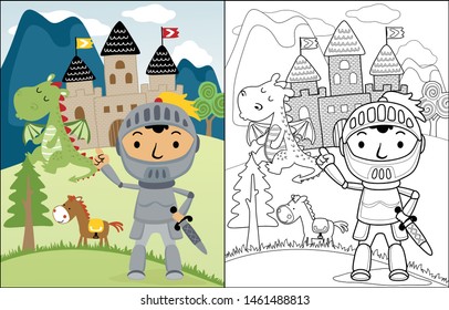 Vector cartoon of knight with dragon and horse on castle background, coloring book or page