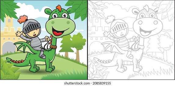 Vector cartoon of knight riding dragon on castle background. Fairytale element. Coloring book or page