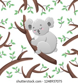 Vector cartoon koala among the leaves and branches. Doodle illustration. Funny happy animal. Template for print, cards, textiles, clothing, design.