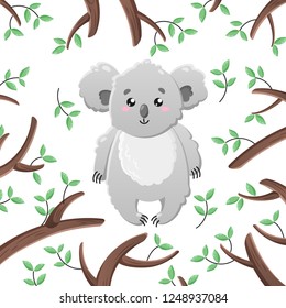 Vector cartoon koala among the leaves and branches. Doodle illustration. Funny happy animal. Template for print, cards, textiles, clothing, design.