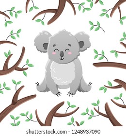 Vector cartoon koala among the leaves and branches. Doodle illustration. Funny happy animal. Template for print, cards, textiles, clothing, design.