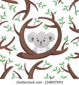 Vector cartoon koala among the leaves and branches. Doodle illustration. Funny happy animal. Template for print, cards, textiles, clothing, design.