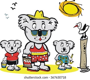 Vector cartoon of koala bear family at beach with seagull. 