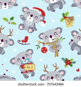 vector cartoon koala christmas kawaii blue background seamless pattern