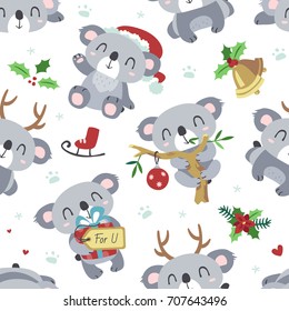 vector cartoon koala christmas kawaii seamless white pattern