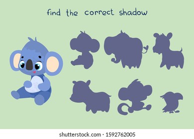 Vector cartoon koala. Find the correct shadow. Educational game for children. Vector illustrations for children books. 