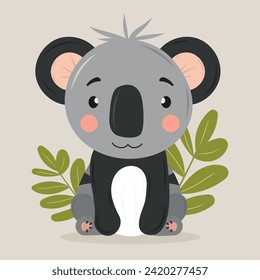 Vector cartoon koala illustration on light gray background. Children's flat style. For characters in books, comics, posters.