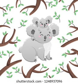 Vector cartoon koalas among the leaves and branches. Mom and child. Doodle illustration. Funny happy animal. Template for print, cards, textiles, clothing, design.