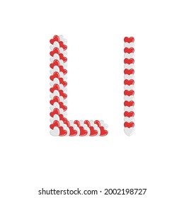Caricatura vectorial de la letra "L" en forma de amor. Dibujo al estilo kawaii. Alfabeto lindo para carteles, invitaciones, día de San Valentín