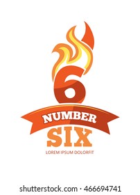 vector cartoon label of Flaming Number six. Pictures isolate on white background. Illustrations for your personal emblems or logo design