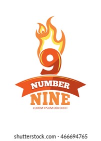 vector cartoon label of Flaming Number nine. Pictures isolate on white background. Illustrations for your personal emblems or logo design