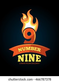 vector cartoon label of Flaming Number nine. Pictures isolate on dark background. Illustrations for your personal emblems or logo design
