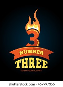 vector cartoon label of Flaming Number three. Pictures isolate on dark background. Illustrations for your personal emblems or logo design