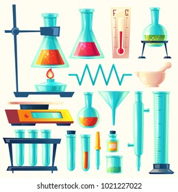 Vector cartoon laboratory equipment, glassware set. Chemical, biological pharmaceutical science lab research, analysis, experiment tools. Isolated illustration with flasks, test tube, beaker, burner.