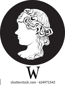 Vector cartoon lady human head vintage roman style in circle and W text