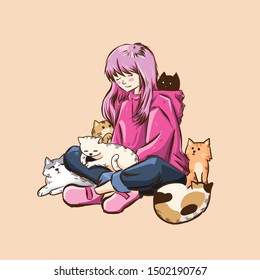 Vector cartoon is lady pink and cute cats